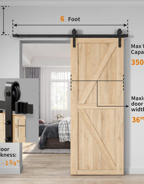 Load image into Gallery viewer, 6Ft Heavy Duty Sturdy Sliding Barn Door Hardware Kit Single Door - Smoothly and Quietly - Simple and Easy to Install - Fit 1 3/8-1 3/4&quot; Thickness Door Panel(Black)(J Shape Hangers)
