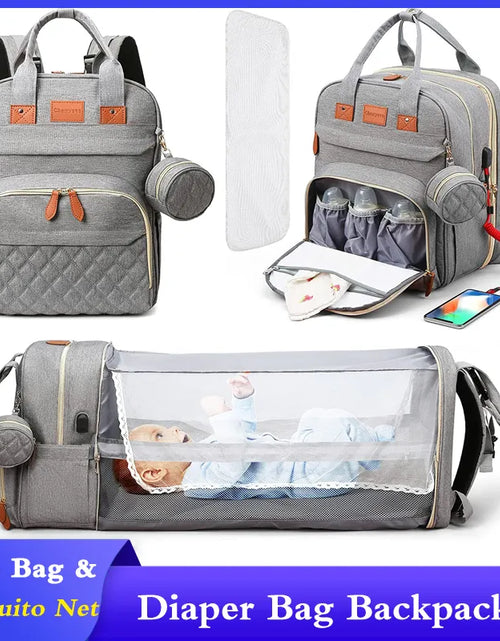 Load image into Gallery viewer, 3 in 1 Diaper Bag Backpack Foldable Baby Bed Waterproof Travel Bag with USB Charge Diaper Bag Backpack with Changing Bed 3 Types
