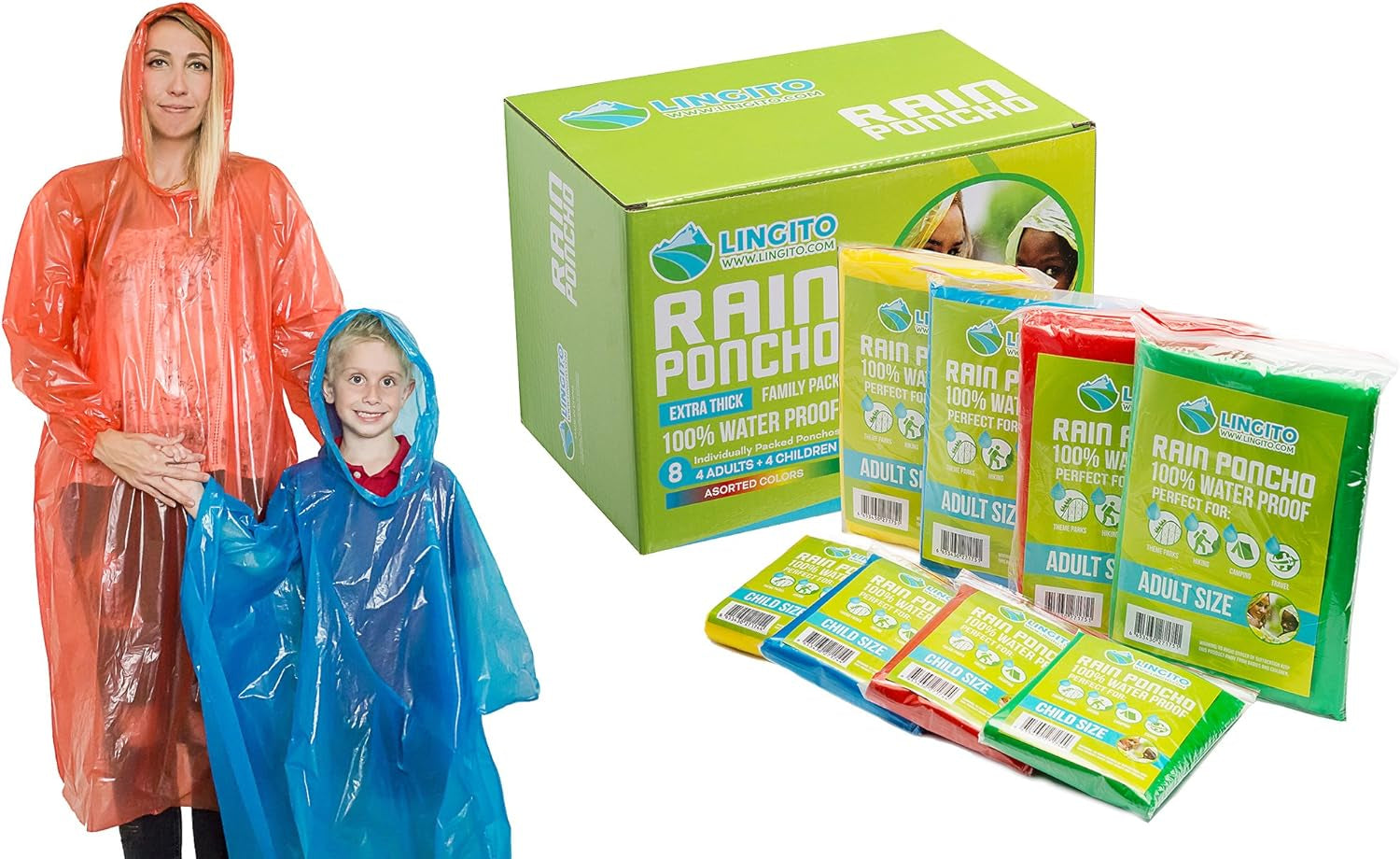 Rain Ponchos Family Pack | Emergency Raincoat Drawstring Hood Poncho for Children and Adults | Lightweight Reusable or Disposable