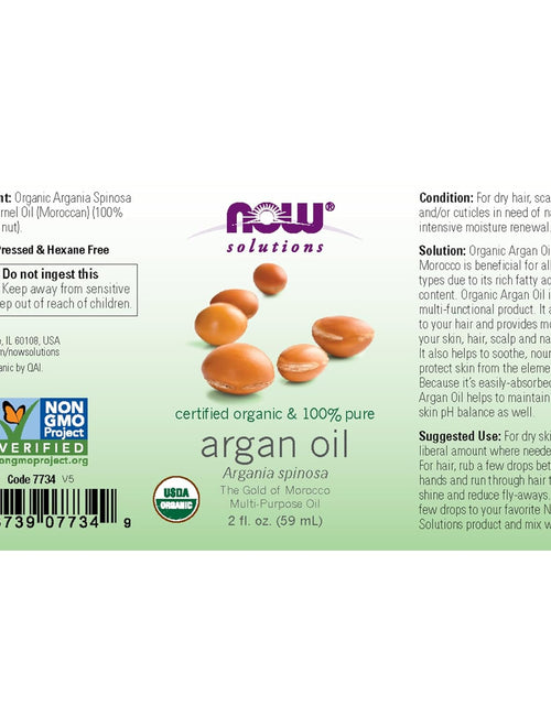 Load image into Gallery viewer, NOW Solutions, Organic Argan Oil, Certified Organic and 100% Pure, &quot;Gold of Morocco&quot; Multi-Purpose Oil, 2-Ounce
