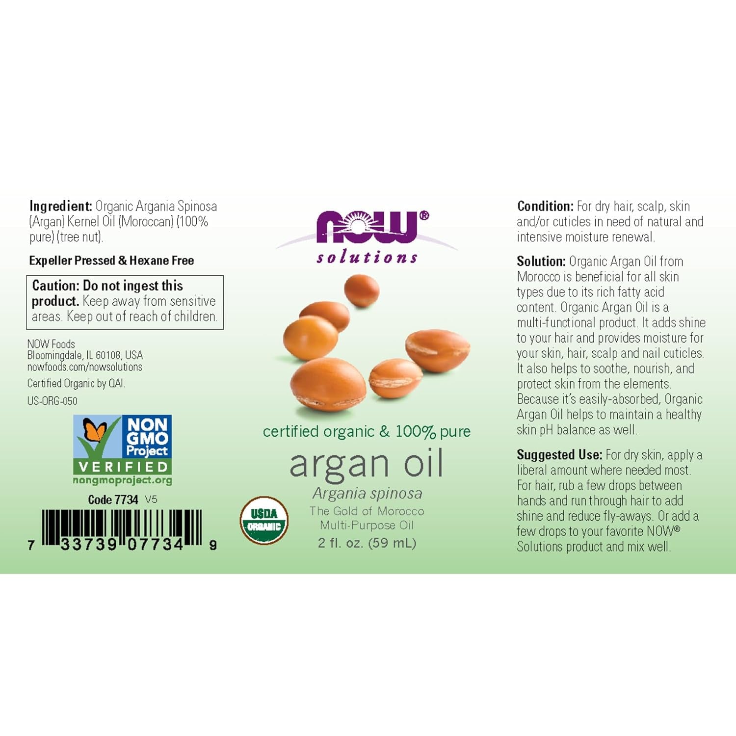 NOW Solutions, Organic Argan Oil, Certified Organic and 100% Pure, "Gold of Morocco" Multi-Purpose Oil, 2-Ounce