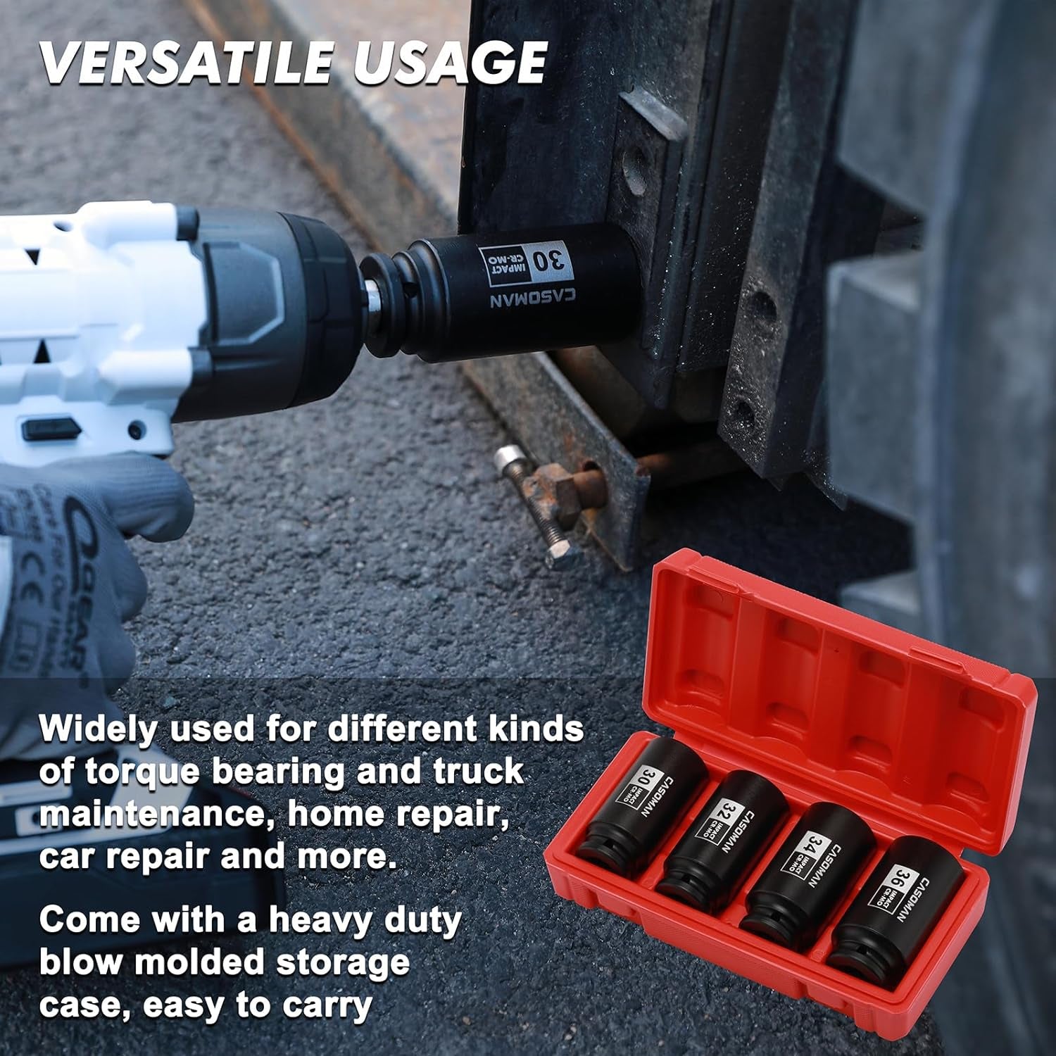 1/2-Inch Drive Deep Spindle Axle Nut Impact Socket Set,12 Point Metric, CR-MO, 30,32,34,36Mm, 4-Piece 1/2" Heavy Duty Impact Socket Set