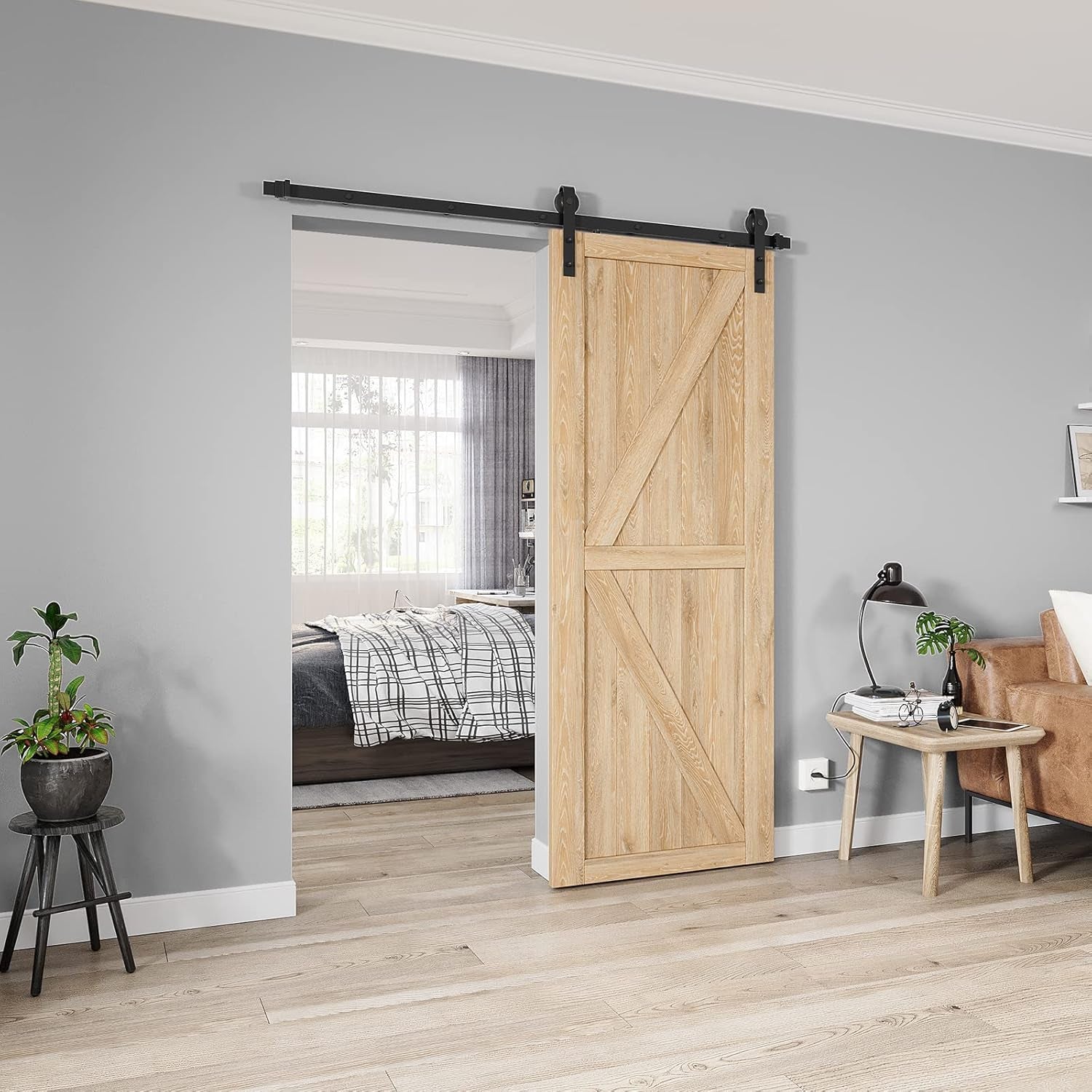 6Ft Heavy Duty Sturdy Sliding Barn Door Hardware Kit Single Door - Smoothly and Quietly - Simple and Easy to Install - Fit 1 3/8-1 3/4" Thickness Door Panel(Black)(J Shape Hangers)