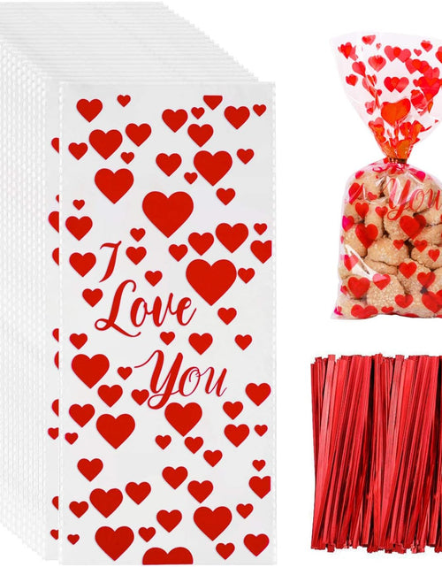 Load image into Gallery viewer, 100 Pieces Valentine Cellophane Bags Heart Treat Bags Candy Goodies Gift Bags and 150 Pieces Red Twist Ties for Valentine Party Supplies
