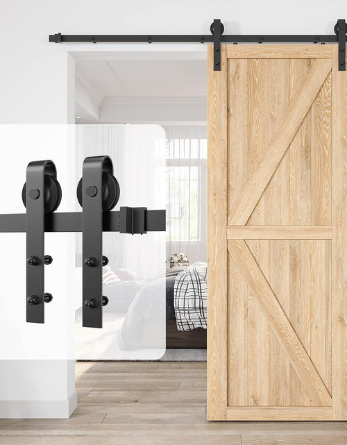 Load image into Gallery viewer, 6Ft Heavy Duty Sturdy Sliding Barn Door Hardware Kit Single Door - Smoothly and Quietly - Simple and Easy to Install - Fit 1 3/8-1 3/4&quot; Thickness Door Panel(Black)(J Shape Hangers)
