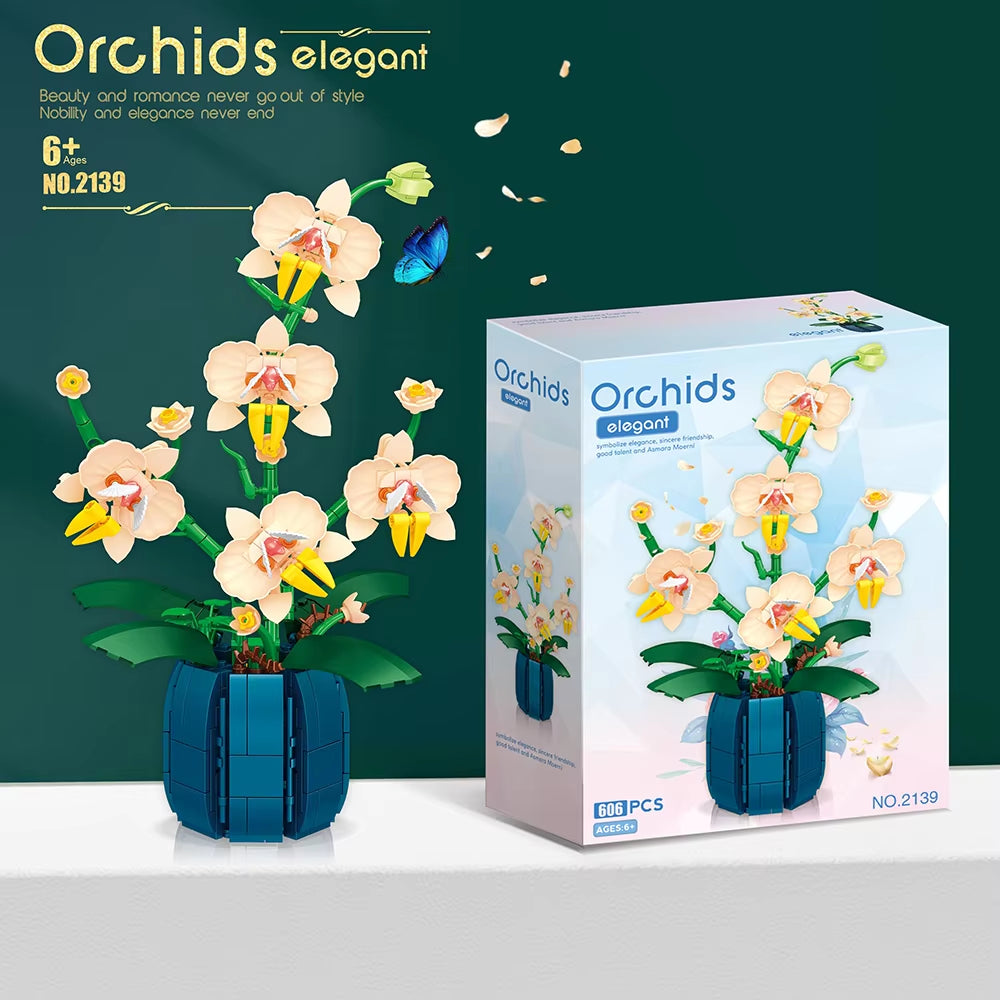 Building Blocks Orchid Flowers Bouquet Flower Blocks Bonsai Plant Model Bricks Romantic DIY Home Decoration Toy for Kids Gift