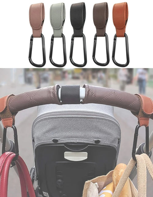 Load image into Gallery viewer, Convenient Baby Stroller Hooks Clips Stroller Accessories Aluminum Alloy Carabiner for Hanging Diaper Bags PU Leather
