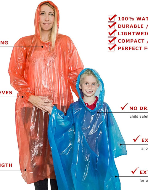 Load image into Gallery viewer, Rain Ponchos Family Pack | Emergency Raincoat Drawstring Hood Poncho for Children and Adults | Lightweight Reusable or Disposable
