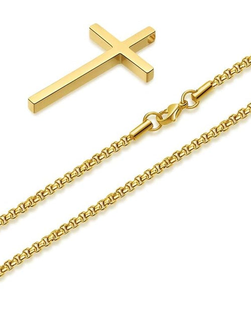 Load image into Gallery viewer, Cross Necklace for Men, Silver Black Gold Stainless Steel Plain Cross Pendant Necklace for Men Box Chain 16-30 Inch
