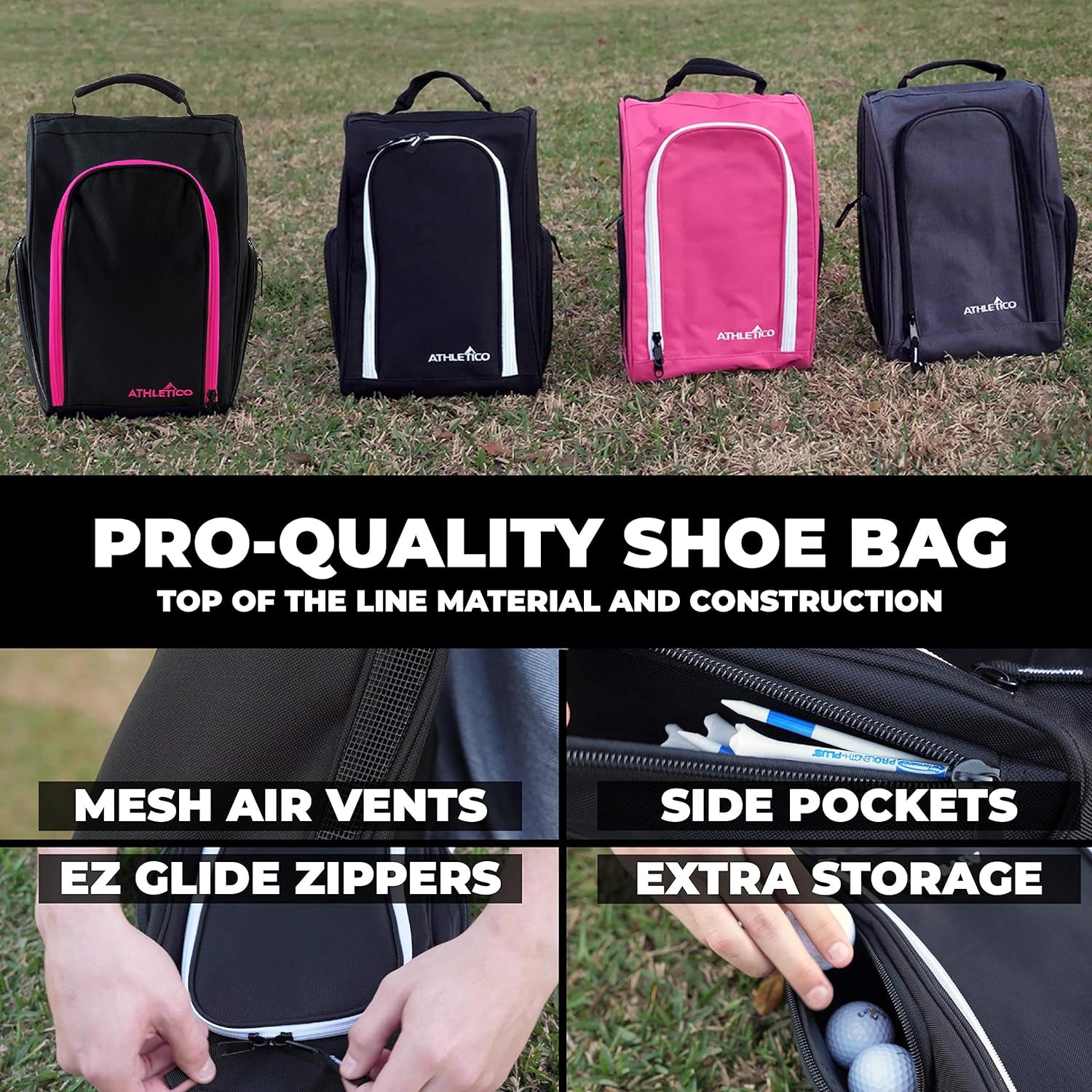 Golf Shoe Bag - Zippered Shoe Carrier Bags with Ventilation & outside Pocket for Socks, Tees, Etc.