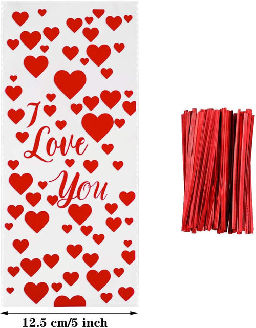 Load image into Gallery viewer, 100 Pieces Valentine Cellophane Bags Heart Treat Bags Candy Goodies Gift Bags and 150 Pieces Red Twist Ties for Valentine Party Supplies
