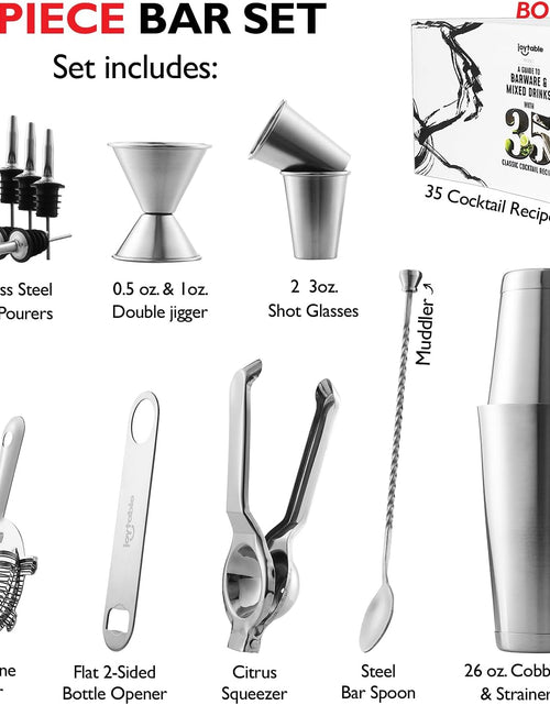 Load image into Gallery viewer, Bar Set Cocktail Shaker Set, Stainless Steel Mixology Bartender Kit, 16PC Silver Tools: 30Oz Martini Shaker, Muddler, Kit Book, Jigger and Pourers
