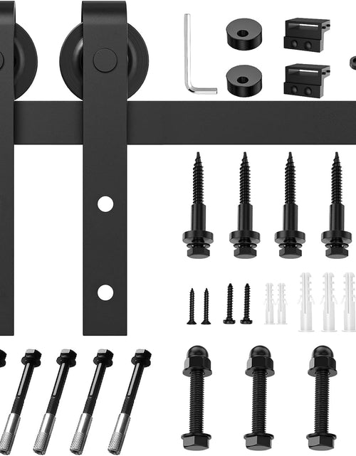 Load image into Gallery viewer, 6Ft Heavy Duty Sturdy Sliding Barn Door Hardware Kit Single Door - Smoothly and Quietly - Simple and Easy to Install - Fit 1 3/8-1 3/4&quot; Thickness Door Panel(Black)(J Shape Hangers)
