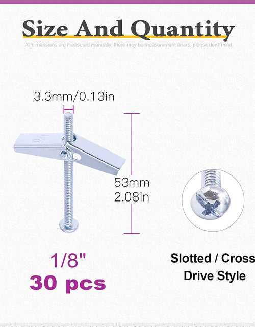 Load image into Gallery viewer, 30Pcs 1/8 Inch Toggle Bolt and Wing Nut Kit for Hanging Heavy Items on Drywall
