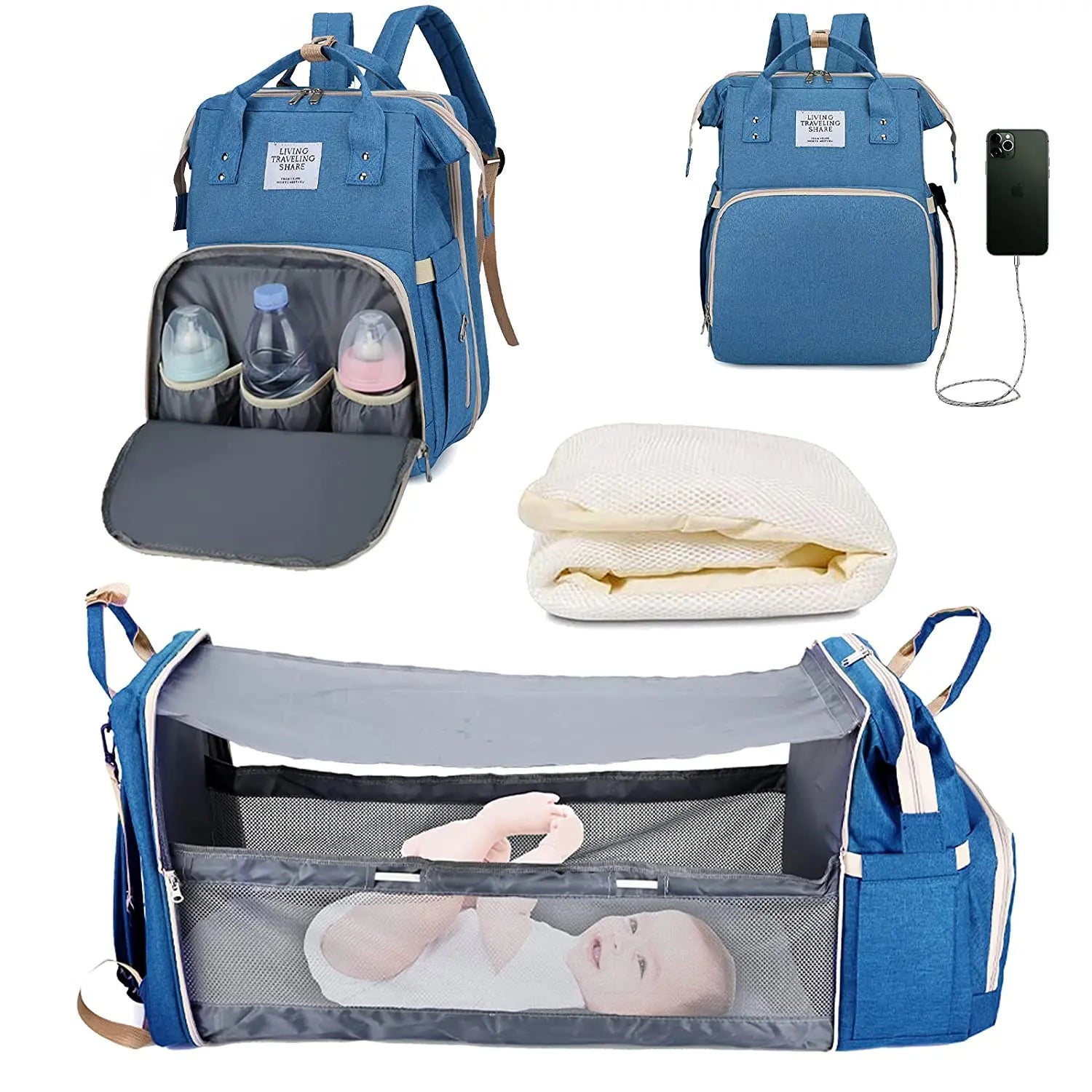 3 in 1 Diaper Bag Backpack Foldable Baby Bed Waterproof Travel Bag with USB Charge Diaper Bag Backpack with Changing Bed 3 Types