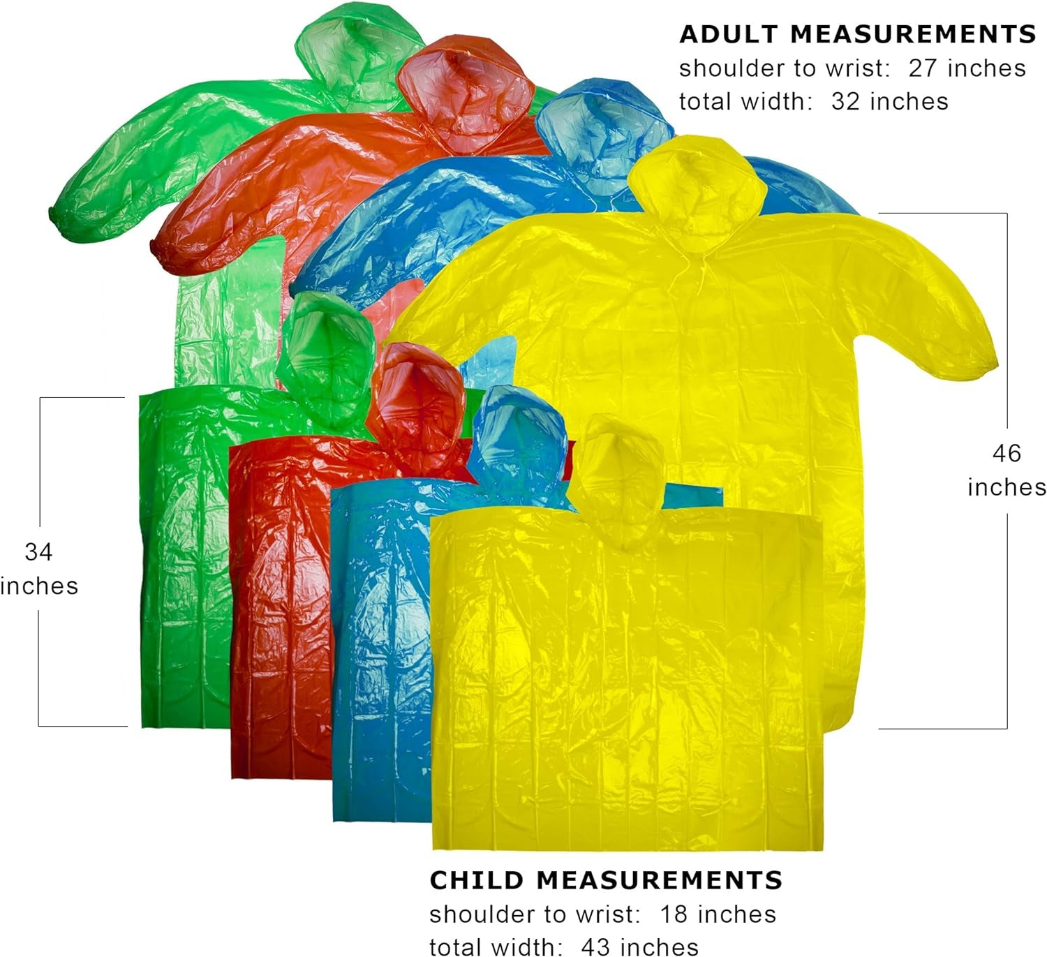 Rain Ponchos Family Pack | Emergency Raincoat Drawstring Hood Poncho for Children and Adults | Lightweight Reusable or Disposable