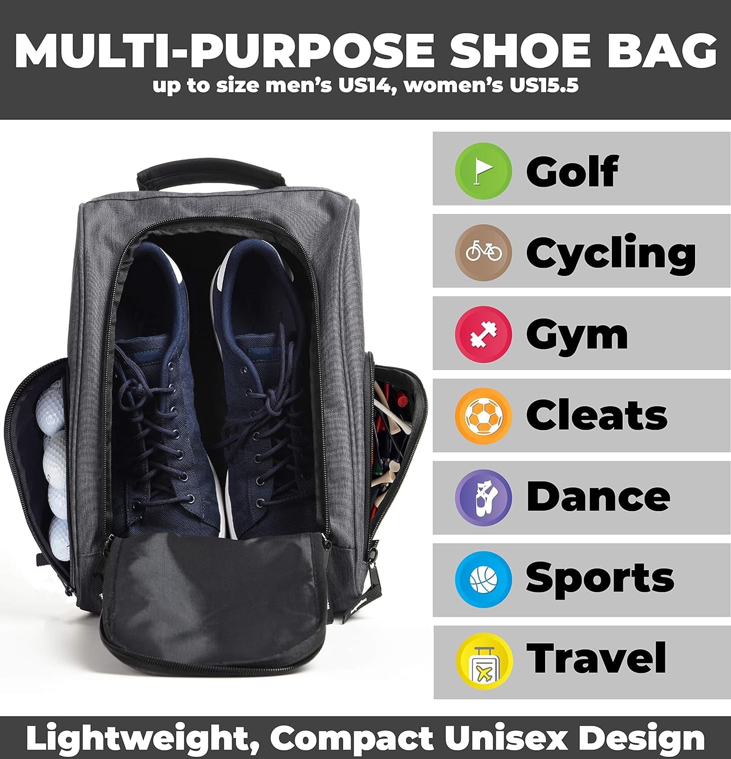 Golf Shoe Bag - Zippered Shoe Carrier Bags with Ventilation & outside Pocket for Socks, Tees, Etc.